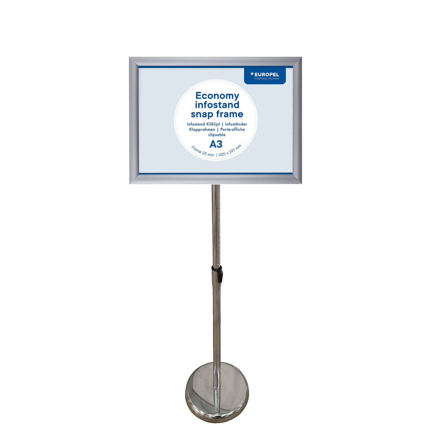 Europel Infostand Economy with Snap Frame A3 25 mm Silver 