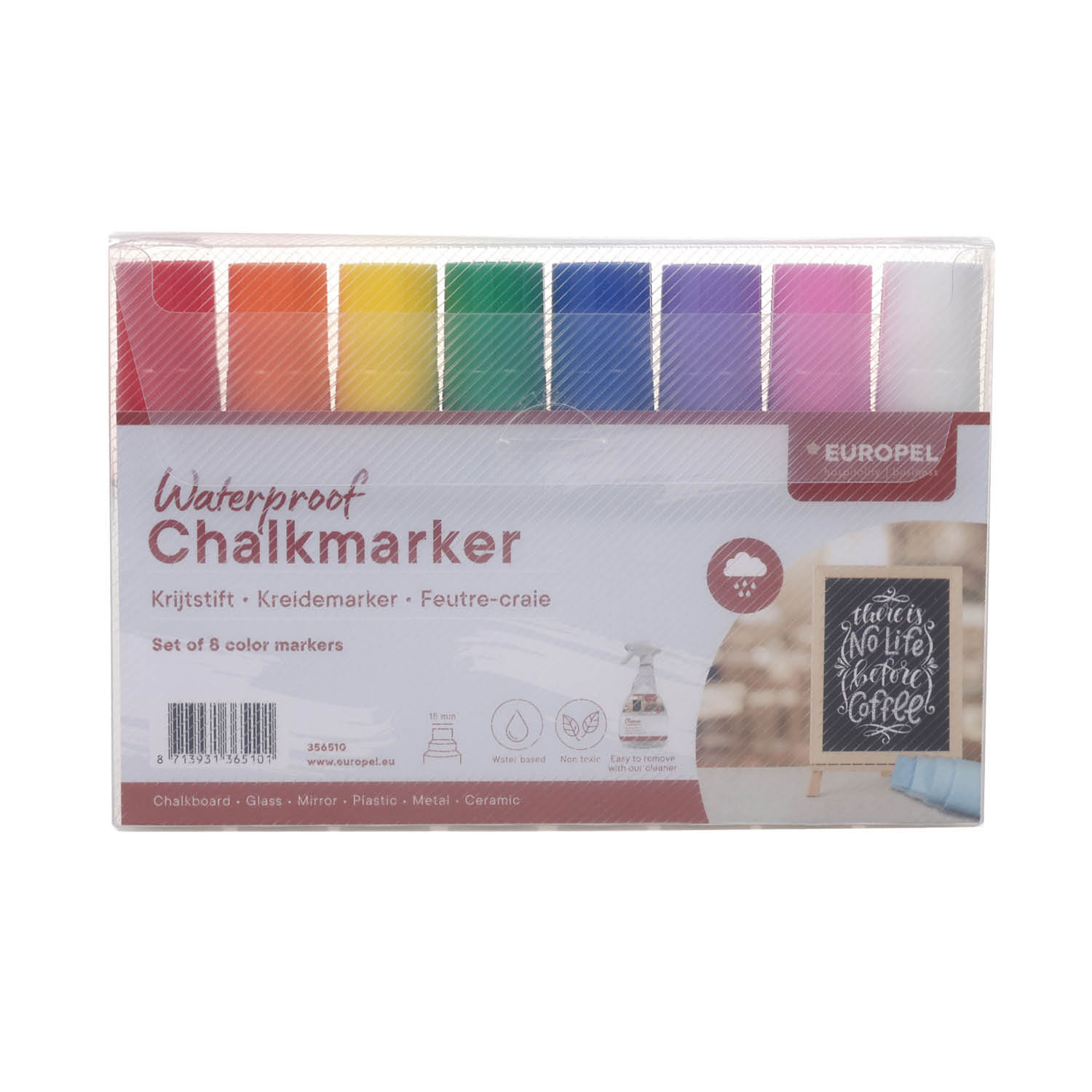 Europel Chalk Marker Waterproof 15 mm Assorted Colours PVC BOX 8 pcsEuropel Chalk Marker Waterproof 15 mm Assorted Colours PVC BOX 8 pcs